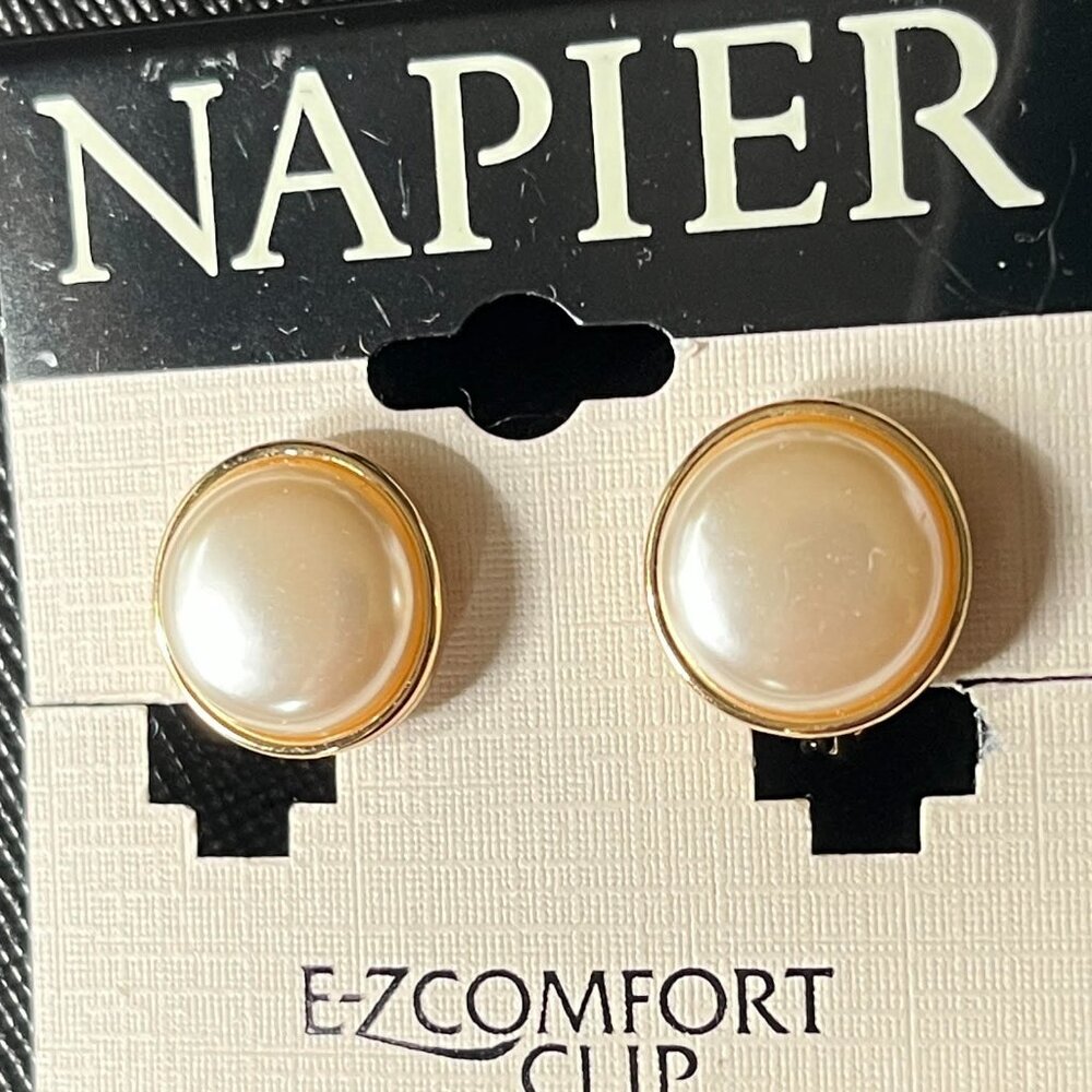 Napier TJG Golden Tone Faux Pearl Clip-on Earrings - Picture 6 of 9